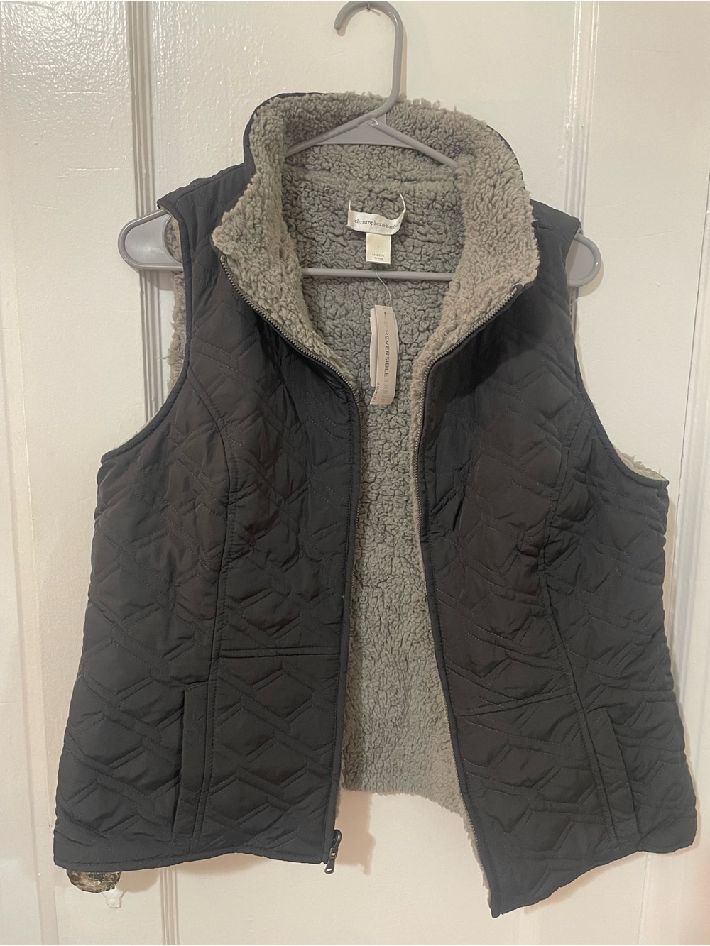 Christopher & Banks Quilted Reversible Vest - Black Exterior with Gray Sherpa